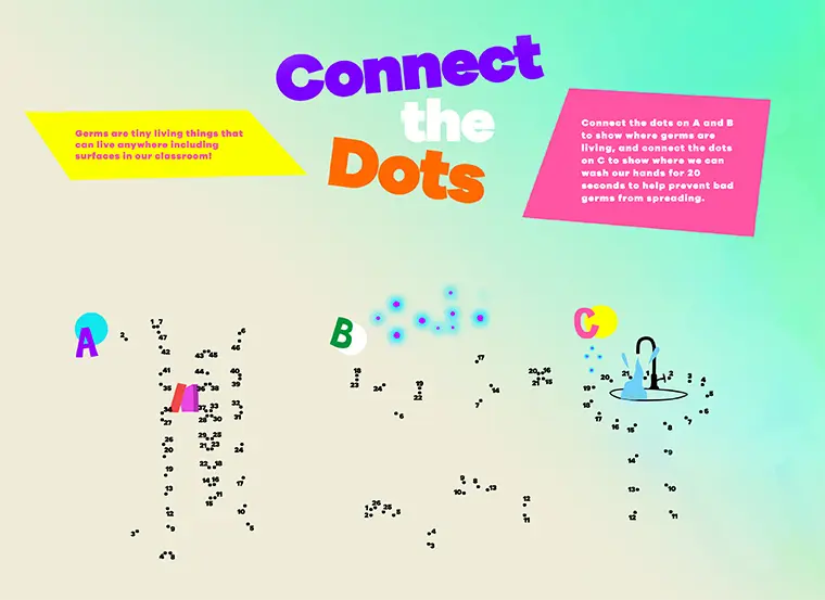 Connect the dots puzzle printout that teaches children about germs and washing hands