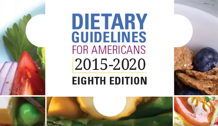 5 different foods. Text says "dietary guidelines for americans 2015-2020 eighth edition"