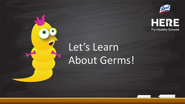 First slide of let's learn about germs deck with blackboard and puzzled cartoon germ