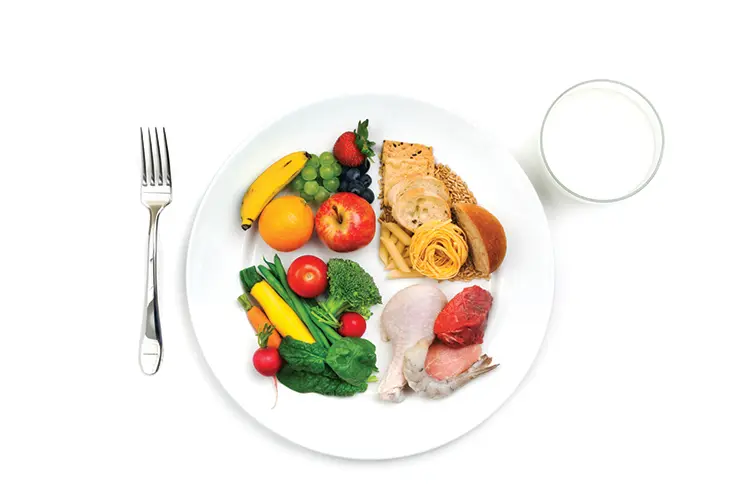 Glass of milk next to plate with each quarter containing a different food group of protein vegetables fruit and grain