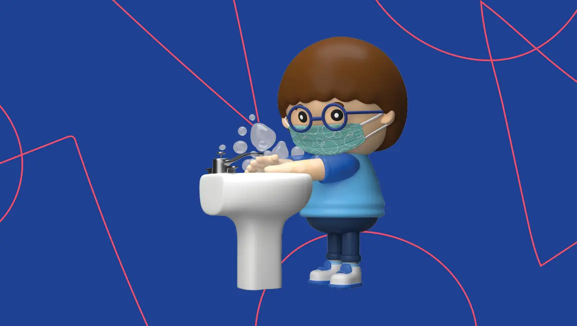 Cartoon child washing hands over a sink with a face mask on.