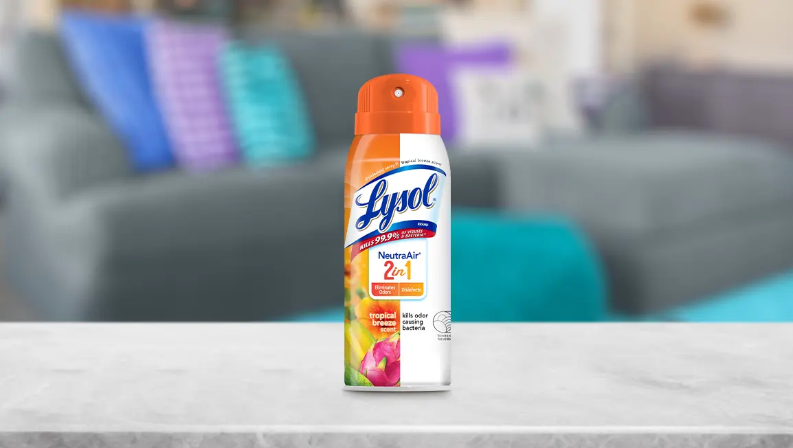 A bottle of Lysol NeutraAir 2 in 1 on a shelf in a living room. The container says "eliminates odors, disinfects; kills odor causing bacteria"