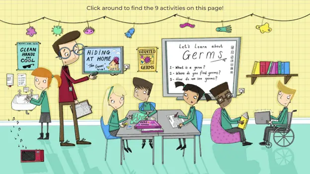 Cartoon children learning about germs