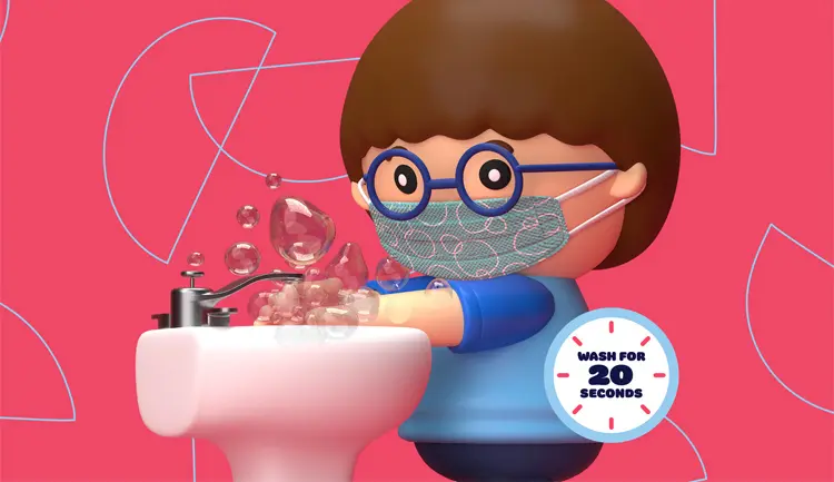 Cartoon image of child wearing mask washing hands at sink. Text says "wash for 20 seconds."
