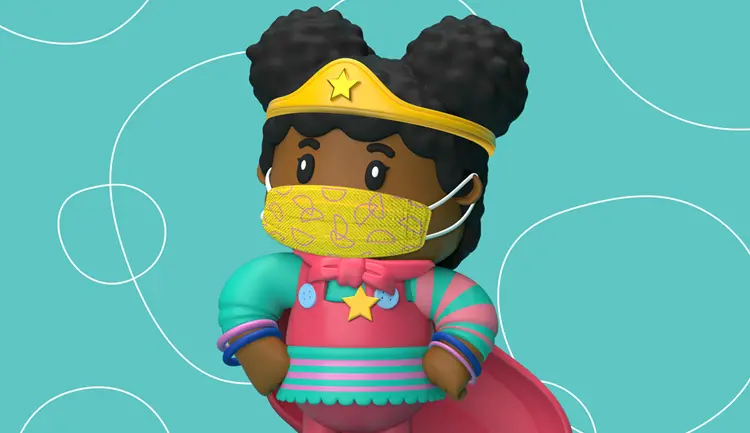 Cartoon of mask wearing child dressed as superhero