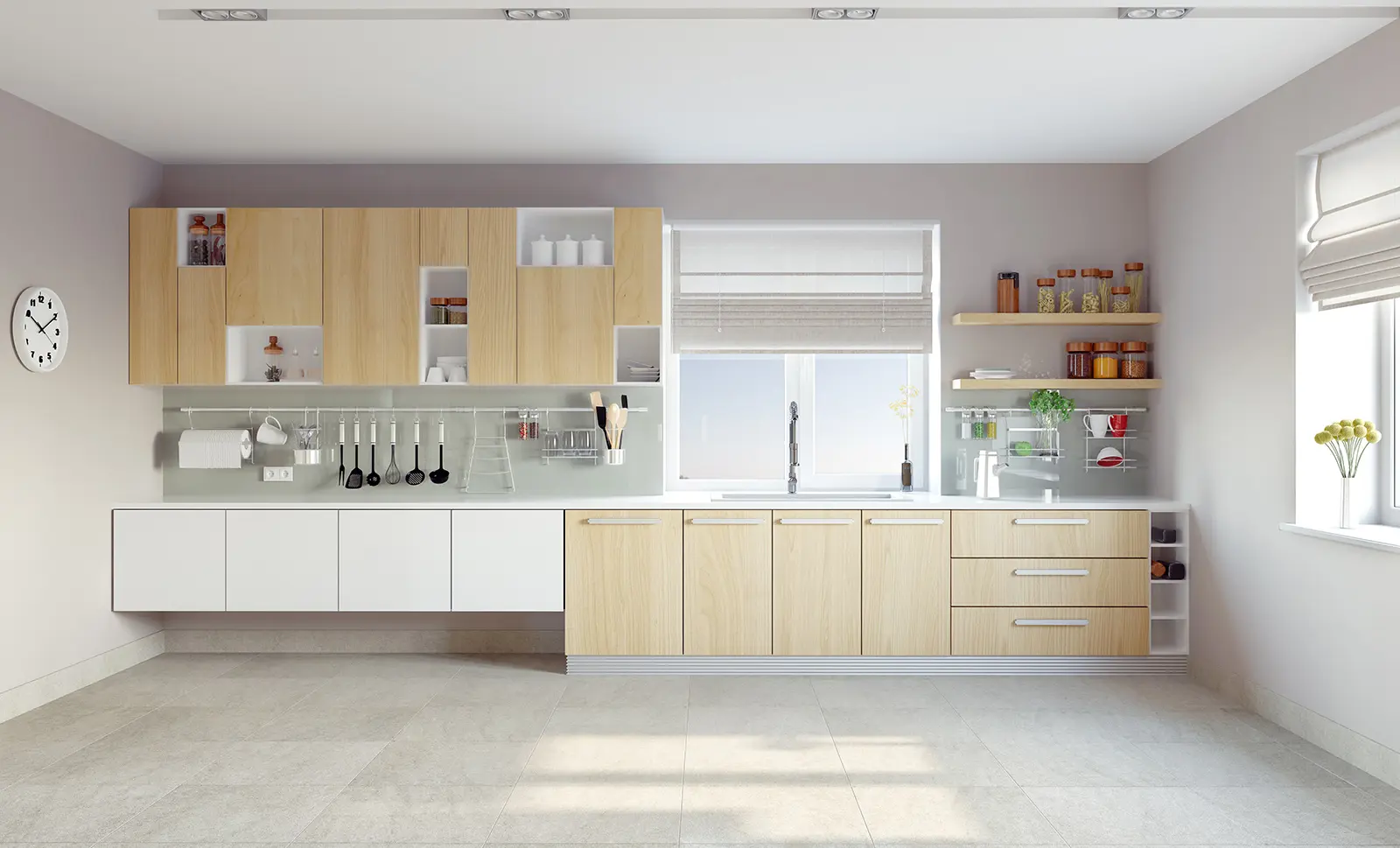 Modern kitchen with pale wood cabinets and white drawers