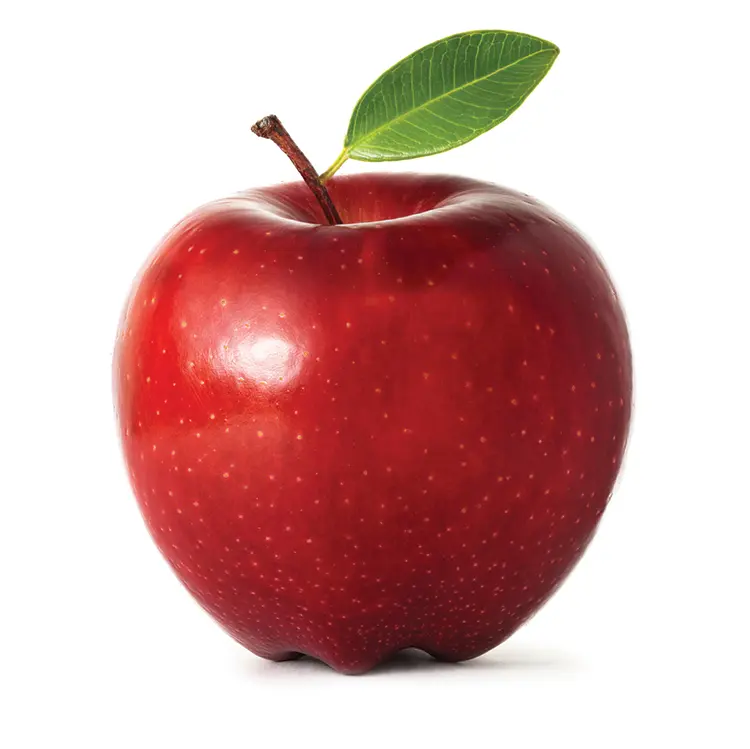 Shiny red apple with leaf on stalk