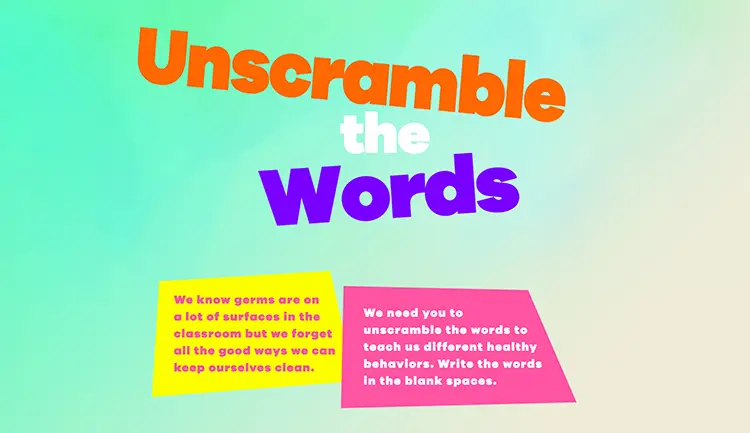 Unscramble the words puzzle printout that teaches children about germs and washing hands
