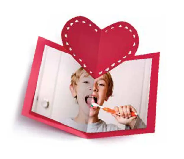 Valentines card containing image of child brushing their teeth