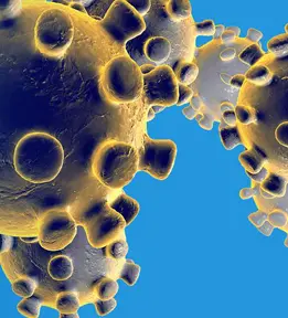 Cartoon images of coronavirus viruses on blue background