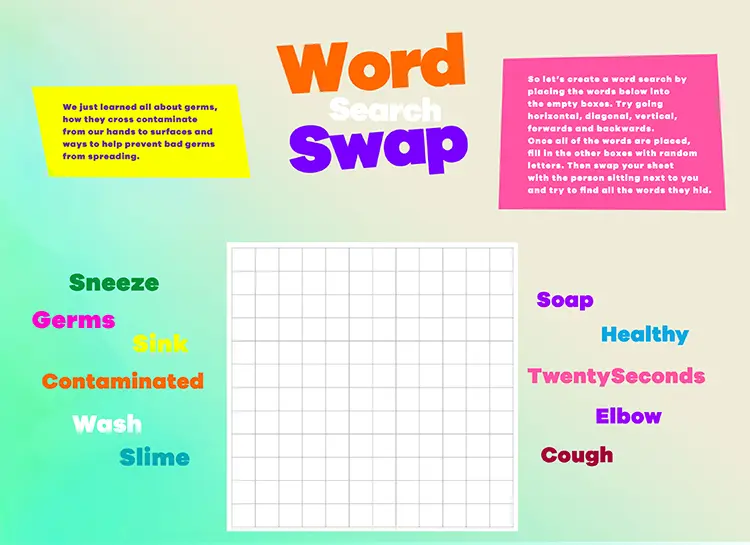 Word search swap puzzle printout that teaches children about germs and washing hands