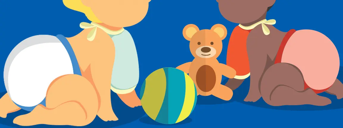 Cartoon of babies playing on the floor with a ball and a teddy bear