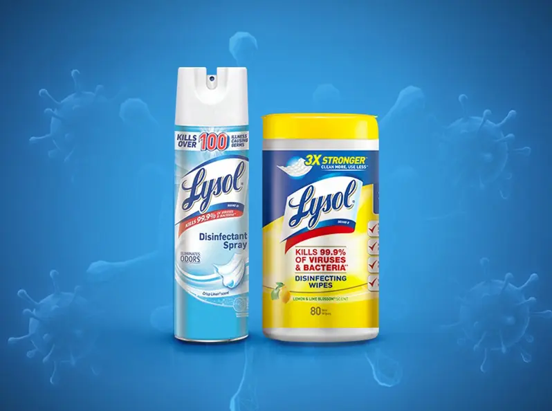 Lysol Disinfectant Spray and Lysol Disinfecting Wipes containers
