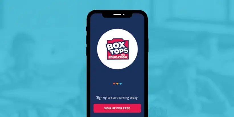 Box Tops app. Text says "Sign up to start earning today. Sign up for free"