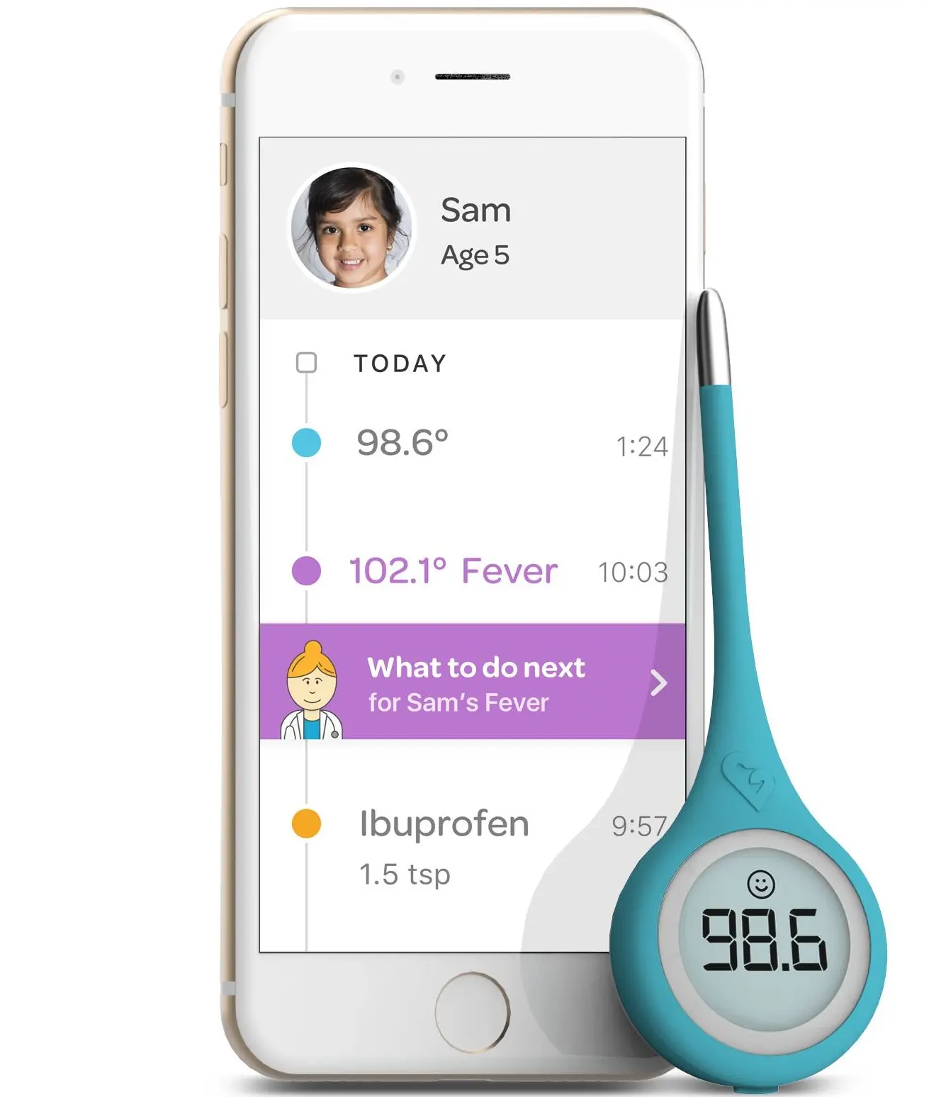 Digital thermometer next to a smartphone showing the FLUency interface. Interface shows timeline of temperature readings. For reading of 102.1 Fever, a button says "What to do next". The timeline includes a dose of ibuprofen.