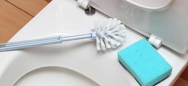 A toilet bowl brush cleaner and sponge are resting on top of an toilet seat with the top up.