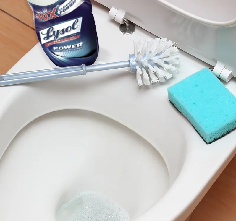 A toilet brush and sponge resting on the rim of a clean toilet. The seat of the toilet is up.