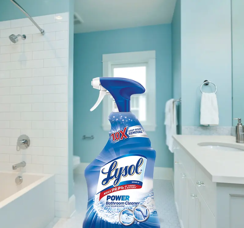 A trigger container of Lysol power Bathroom Cleaner with a modern bathroom in the background.