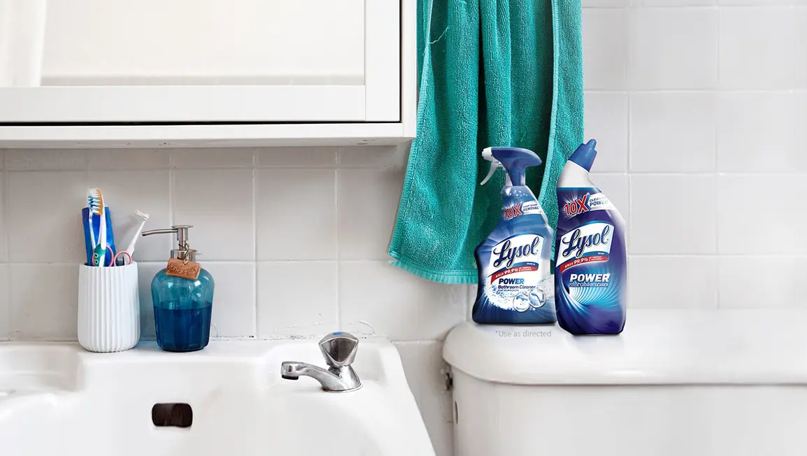 Lysol Power Bathroom Cleaner and Lysol Power Toilet Bowl Cleaner in a Clean Bathroom.
