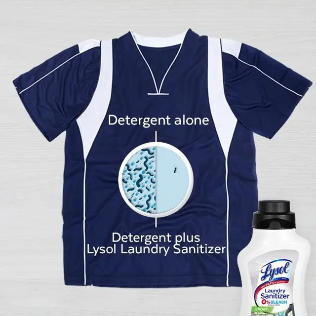Item of athleticwear next to bottle of Lysol Laundry Sanitizer Sport. Cartoon circle is divided into half filled with germs for detergent alone and half with only one germ for detergent plus Lysol Laundry Sanitizer.