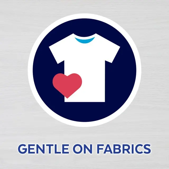 A cartoon t-shirt next to a heart. Text says "gentle on fabrics"