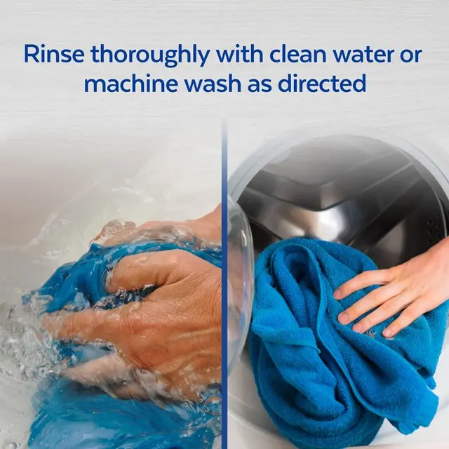 Hands rinsing fabric with clean water on the left, and hands placing fabric into a washing machine on the right. Text says "rinse thoroughly with clean water or machine was as directed".