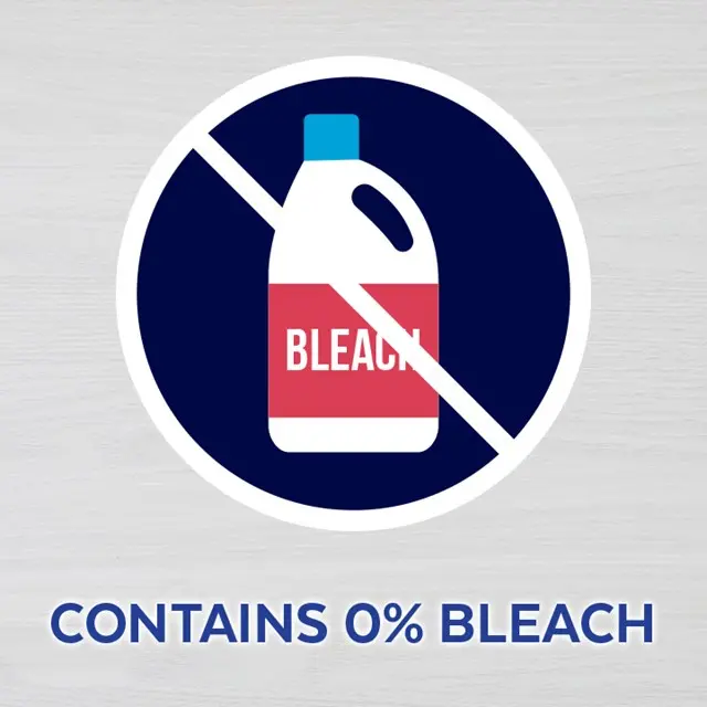 A cartoon bottle of bleach with a cross through it. Text says "contains zero percent bleach"