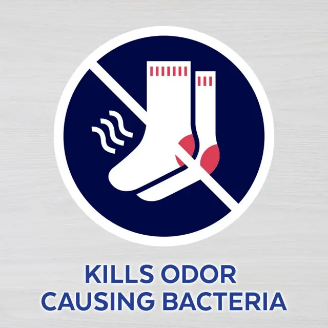 A cartoon pair of smelly socks with a cross through them. Text says "kills odor causing bacteria".