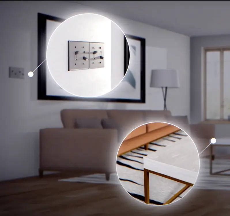 A living room with circles magnifying the light switch and the coffee table.
