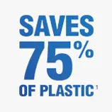 Text says "saves 75% of plastic"