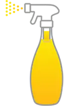 Cartoon Lysol Smart bottle filled with liquid the color of the refill cartridge in the neck of the bottle. Spray of the same color is coming out of the nozzle.