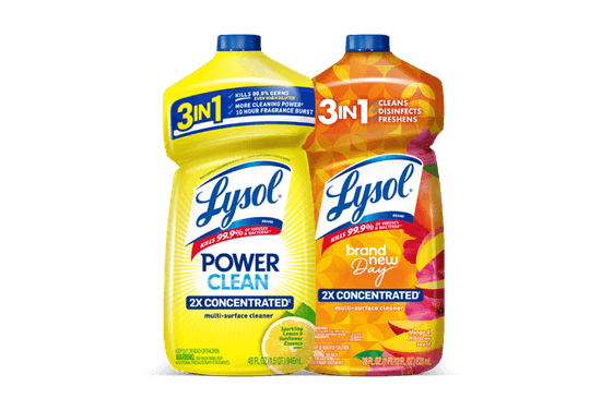 Two Lysol multi-surface cleaner bottles side by side, one yellow and one orange, both labeled "3 IN 1" and "2X Concentrated".