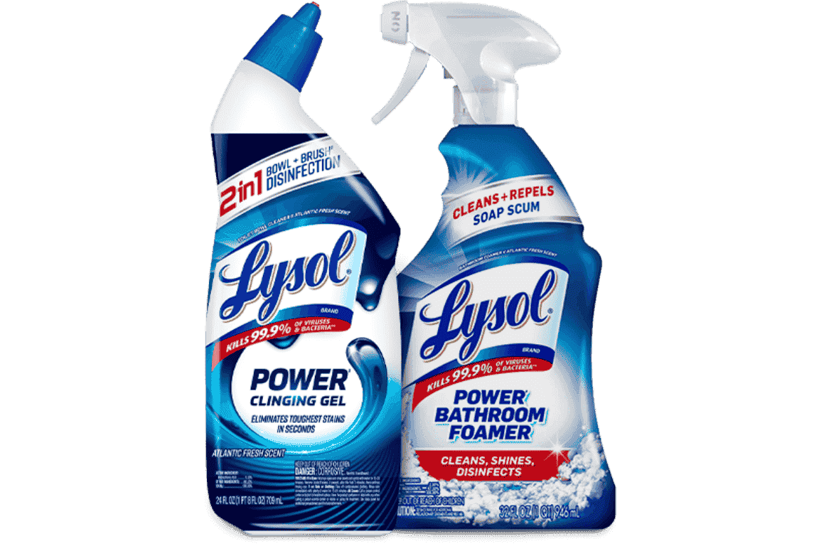 Two bottles of Lysol cleaning products, including Power Clinging Gel and Power Bathroom Foamer.