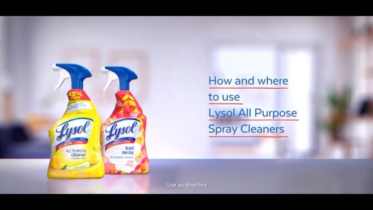 Two bottles of Lysol All Purpose Cleaner against a blurred background with text instructions on usage.