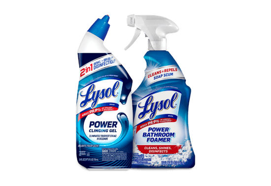 Two bottles of Lysol cleaning products, including Power Clinging Gel and Power Bathroom Foamer.
