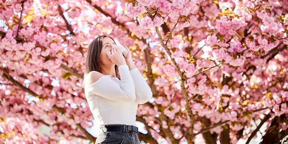 A woman stands under a blooming cherry blossom tree, holding a handkerchief to her face.
