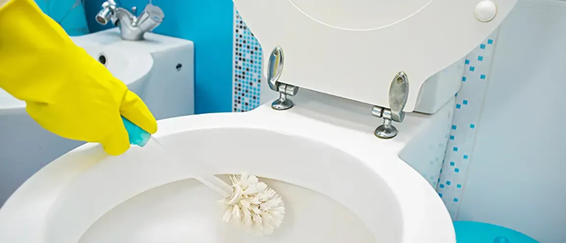 Person wearing rubber gloves scrubbing at toilet rim with toilet brush
