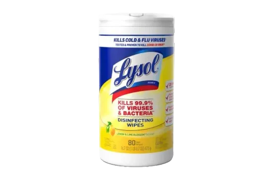 Lysol Disinfecting Wipes container with lemon and lime blossom scent.