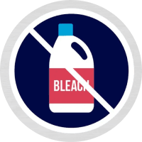 A cartoon bottle of bleach with a cross through it. Text says "contains zero percent bleach"