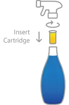 Cartoon Lysol Smart bottle with water up to the neck. A refill cartridge is being inserted and the spray nozzle screwed on.