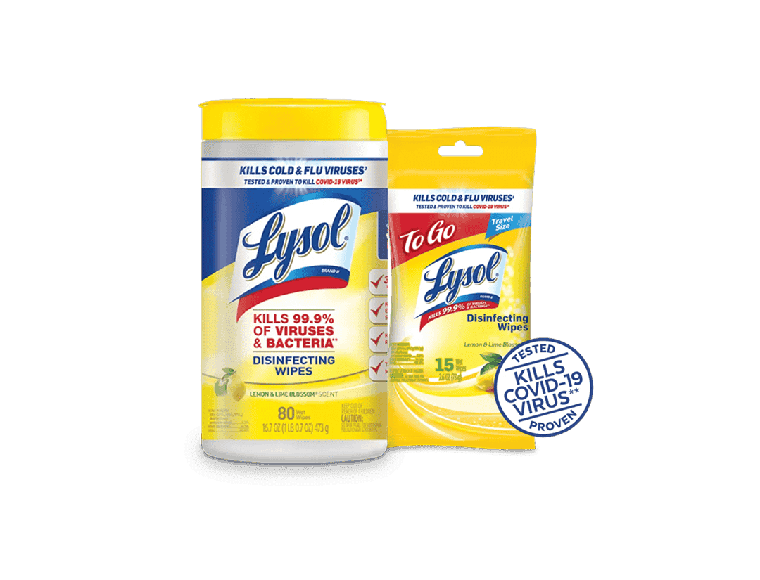 Two Lysol disinfecting wipes containers, one large and one "To Go" pack, claiming to kill viruses.