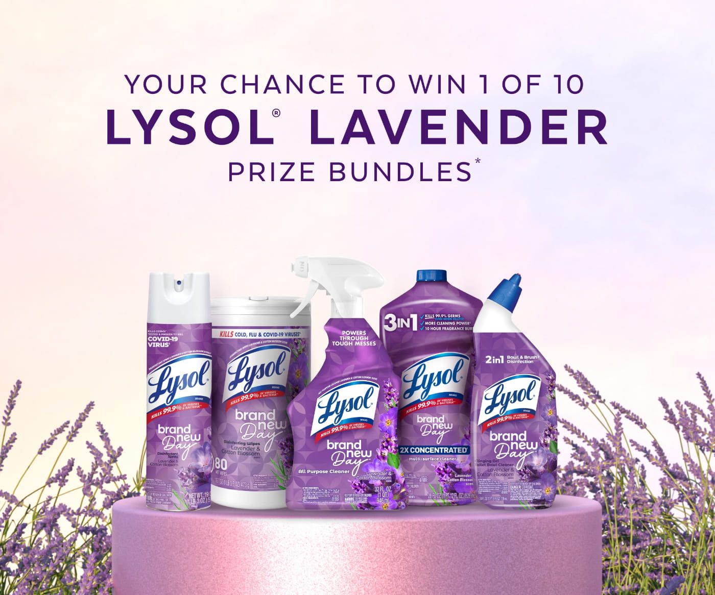 A lineup of Lysol lavender-scented cleaning products with a promotional message about winning prize bundles.