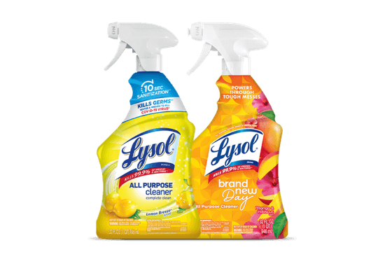 Two Lysol all-purpose cleaner spray bottles, one yellow with lemon scent and one orange with mango & hibiscus scent.
