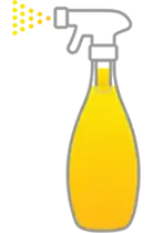 Cartoon Lysol Smart bottle filled with liquid the color of the refill cartridge in the neck of the bottle. Spray of the same color is coming out of the nozzle.