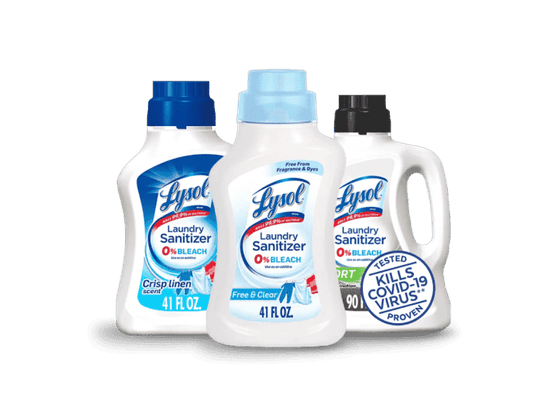 Three bottles of Lysol Laundry Sanitizer in different scents, one claims to kill COVID-19 virus.