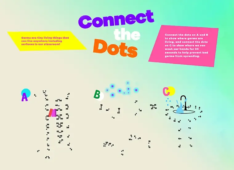 Connect the dots puzzle printout that teaches children about germs and washing hands