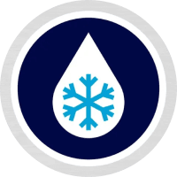A cartoon droplet with a snowflake. Text says "works even in cold water"