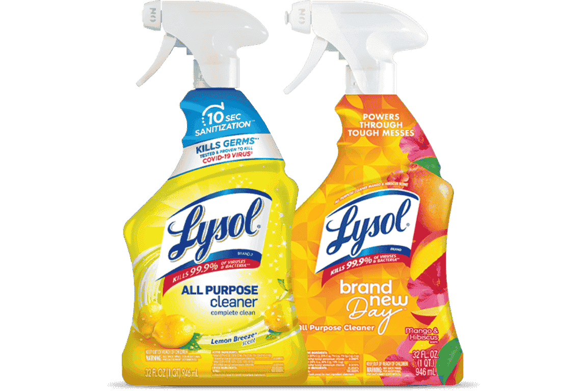 Two Lysol all-purpose cleaner spray bottles, one yellow with lemon scent and one orange with mango & hibiscus scent.